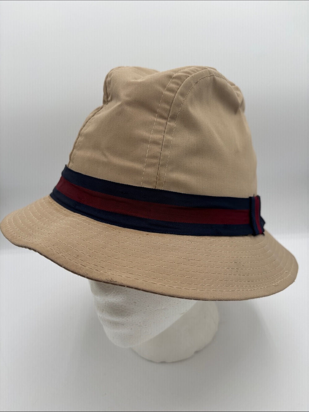 Women's Vintage STETSON Fedora Beige Bucket Hat with Navy and Burgundy Ribbon- S